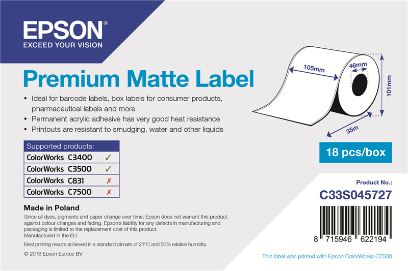 Epson C33S045727 Premium Matte Label - 105mm x 35m Weiss