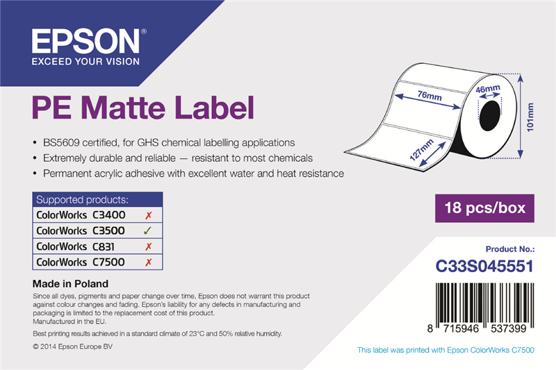 Epson PE Matte Label - 76mm x 127mm Weiss
