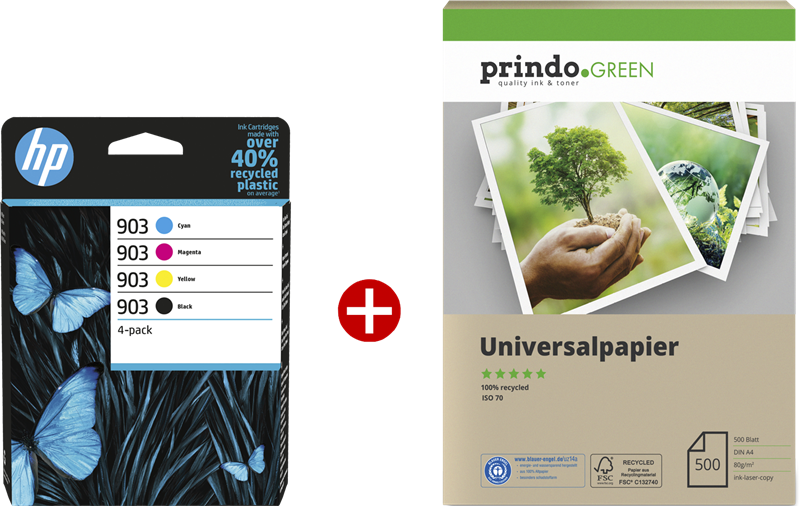HP 903 Schwarz / Cyan / Magenta / Gelb Value Pack + Prindo Green Recyclingpapier 500 Blatt