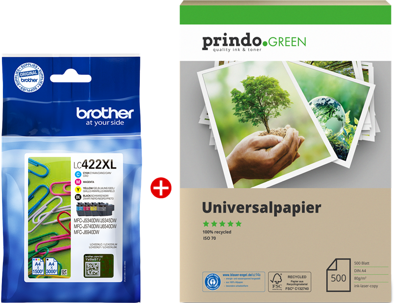 Brother LC422XL MCVP Schwarz / Cyan / Magenta / Gelb Value Pack + Prindo Green Recyclingpapier 500 Blatt