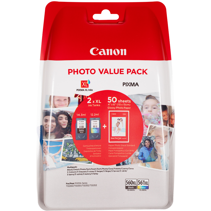 Canon PG-560XL+CL-561XL Schwarz / Cyan / Magenta / Gelb Value Pack + Fotopapier