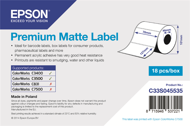 Epson Premium Matte Label - 76 x 127mm Weiss