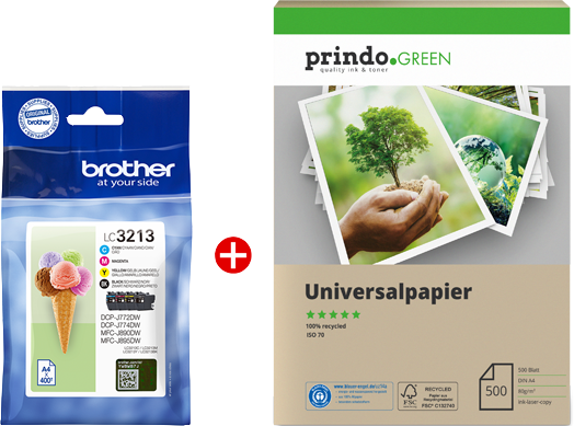 Brother LC3213 MCVP Schwarz / Cyan / Magenta / Gelb Value Pack + Prindo Green Recyclingpapier 500 Blatt