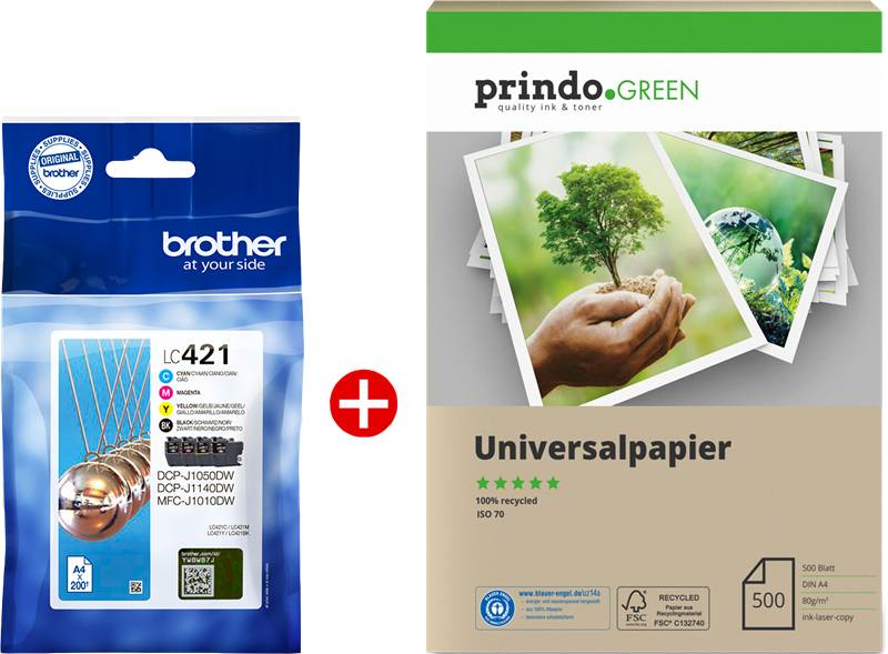 Brother LC421 MCVP Schwarz / Cyan / Magenta / Gelb Value Pack + Prindo Green Recyclingpapier 500 Blatt