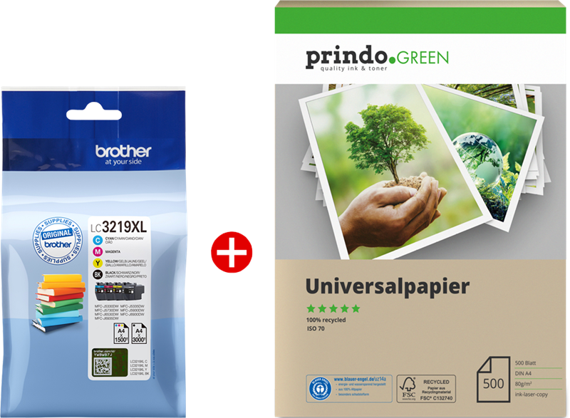 Brother LC3219XL MCVP 01 Schwarz / Cyan / Magenta / Gelb Value Pack + Prindo Green Recyclingpapier 500 Blatt